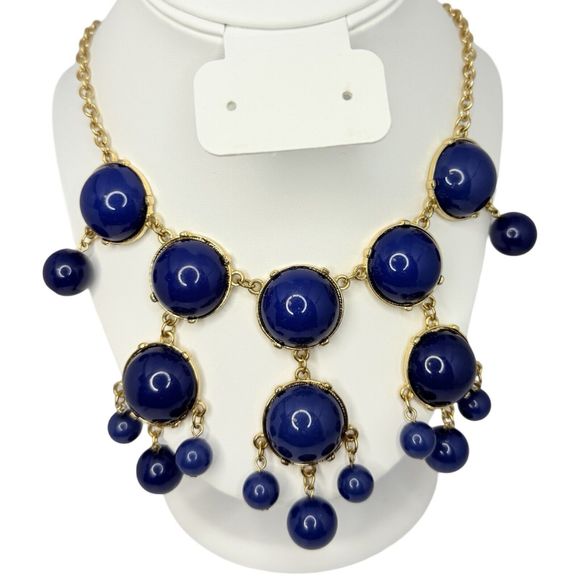 Navy Blue Cabochon Chandelier Statement Necklace 22” Bubbles Runway Gold Tone - Picture 1 of 16